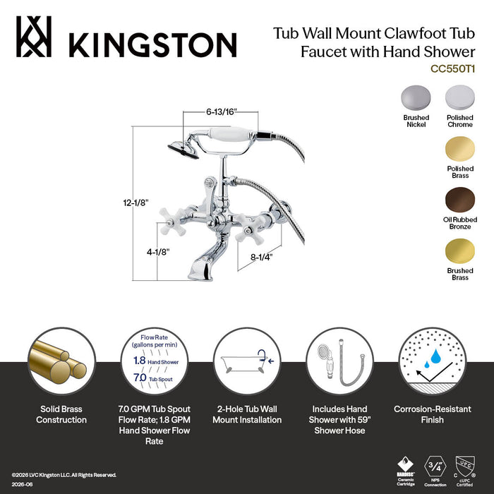 Kingston Heirloom CC549T7 - Vintage Three-Handle 2-Hole Tub Wall Mount Clawfoot Tub Faucet with Hand Shower, Brushed Brass