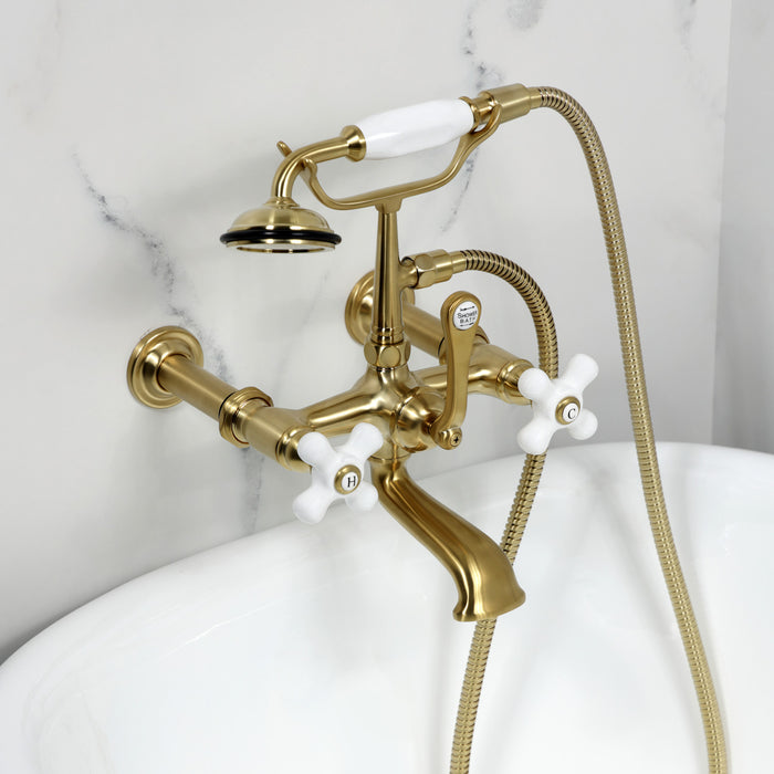 Kingston Heirloom CC549T7 - Vintage Three-Handle 2-Hole Tub Wall Mount Clawfoot Tub Faucet with Hand Shower, Brushed Brass
