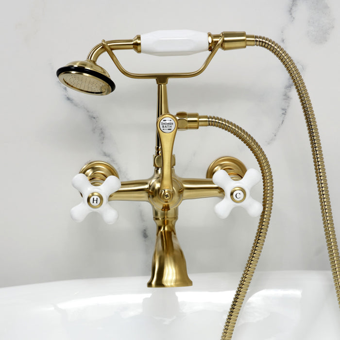 Kingston Heirloom CC549T7 - Vintage Three-Handle 2-Hole Tub Wall Mount Clawfoot Tub Faucet with Hand Shower, Brushed Brass
