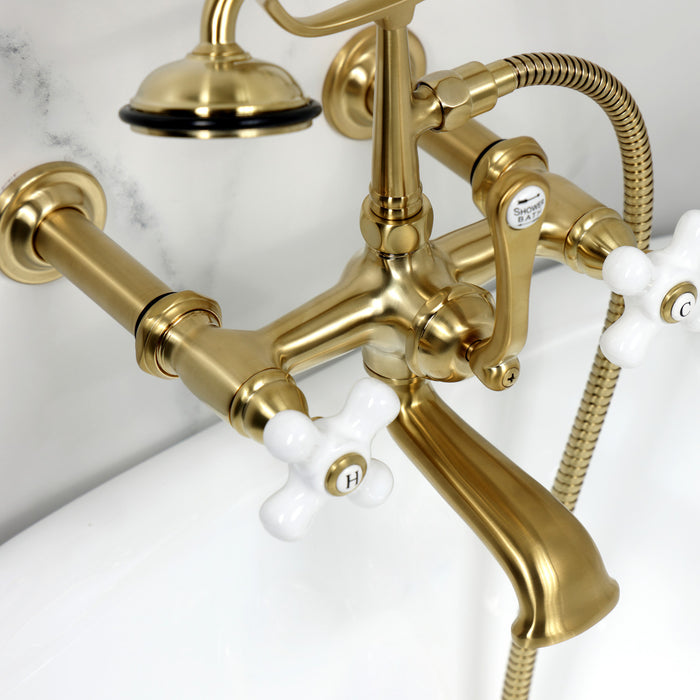 Kingston Heirloom CC549T7 - Vintage Three-Handle 2-Hole Tub Wall Mount Clawfoot Tub Faucet with Hand Shower, Brushed Brass