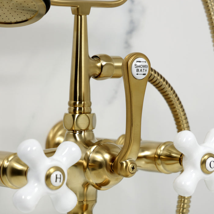 Kingston Heirloom CC549T7 - Vintage Three-Handle 2-Hole Tub Wall Mount Clawfoot Tub Faucet with Hand Shower, Brushed Brass