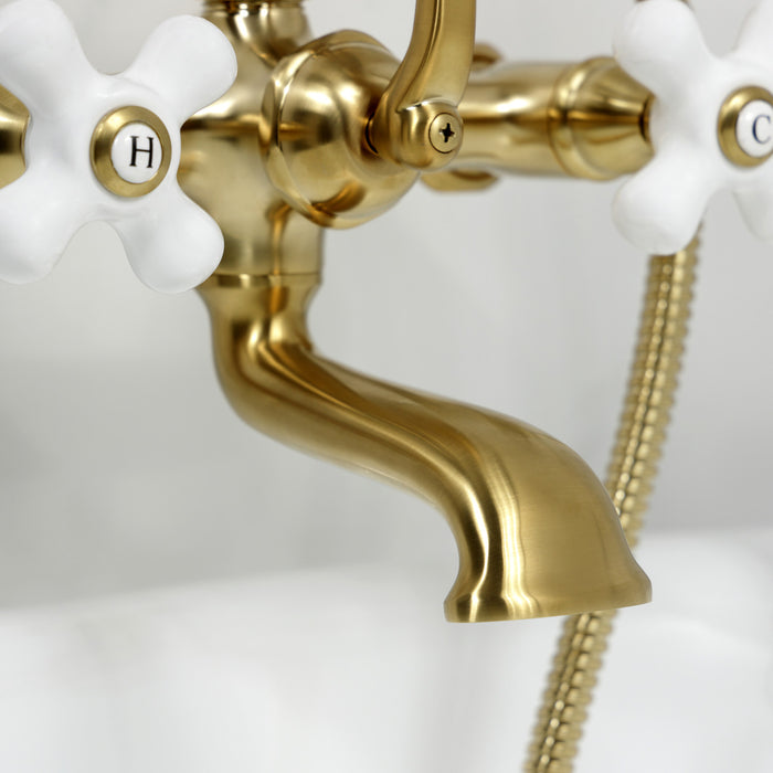 Kingston Heirloom CC549T7 - Vintage Three-Handle 2-Hole Tub Wall Mount Clawfoot Tub Faucet with Hand Shower, Brushed Brass