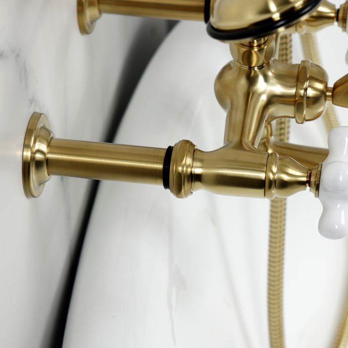 Kingston Heirloom CC549T7 - Vintage Three-Handle 2-Hole Tub Wall Mount Clawfoot Tub Faucet with Hand Shower, Brushed Brass
