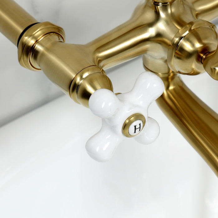 Kingston Heirloom CC549T7 - Vintage Three-Handle 2-Hole Tub Wall Mount Clawfoot Tub Faucet with Hand Shower, Brushed Brass