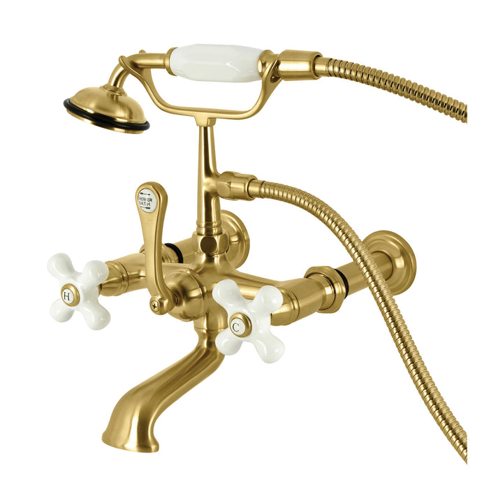 Kingston Heirloom CC549T7 - Vintage Three-Handle 2-Hole Tub Wall Mount Clawfoot Tub Faucet with Hand Shower, Brushed Brass