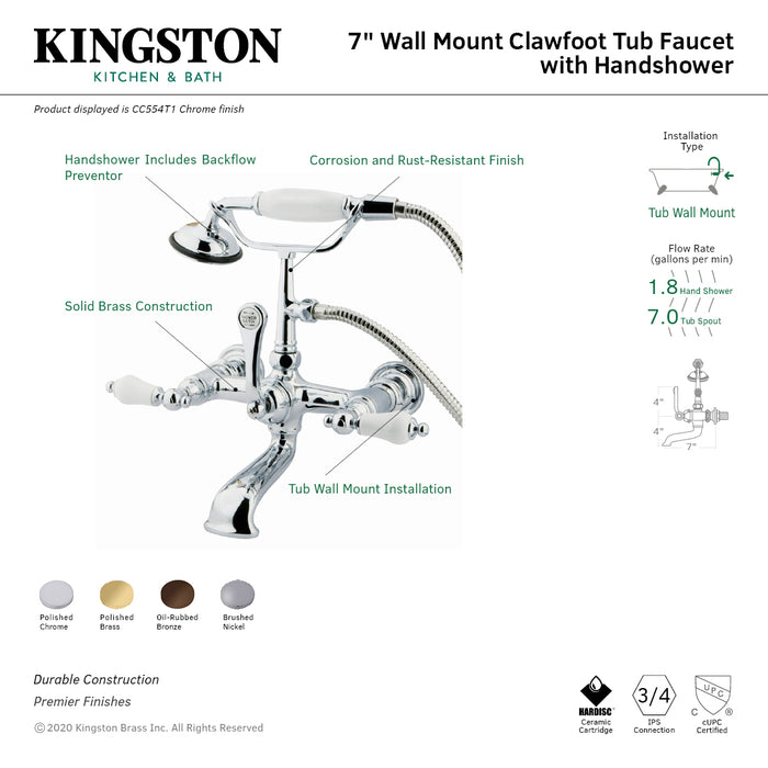 Kingston Heirloom CC553T2 - Vintage Three-Handle 2-Hole Tub Wall Mount Clawfoot Tub Faucet with Hand Shower, Polished Brass