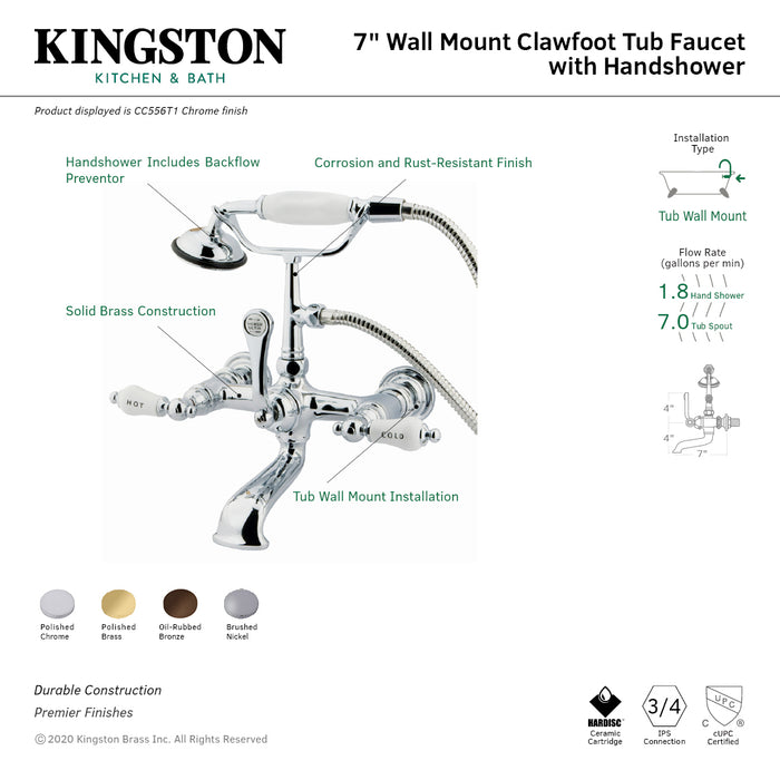 Kingston Heirloom CC555T8 - Vintage Three-Handle 2-Hole Tub Wall Mount Clawfoot Tub Faucet with Hand Shower, Brushed Nickel