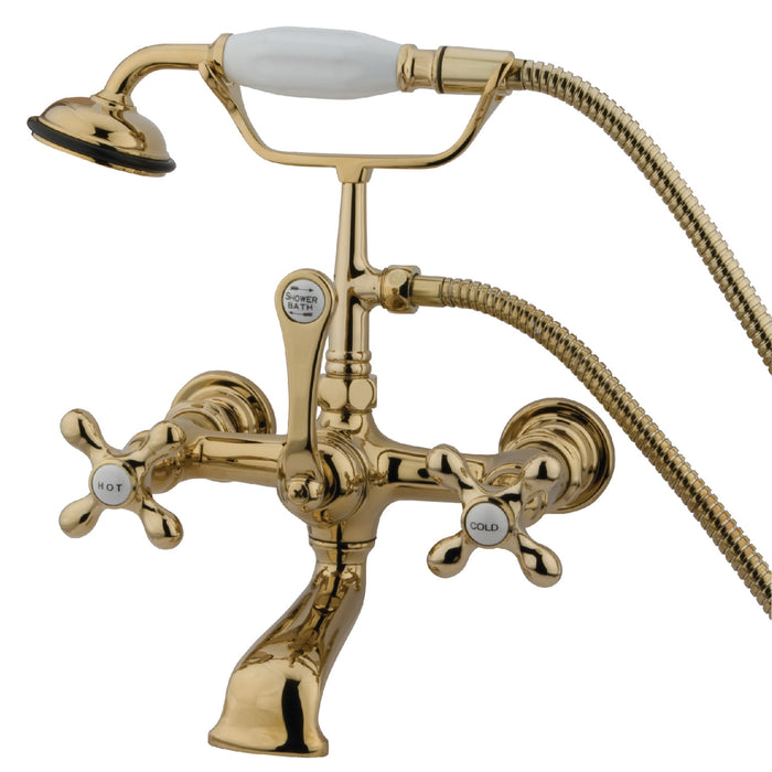 Kingston Heirloom CC557T2 - Vintage Three-Handle 2-Hole Tub Wall Mount Clawfoot Tub Faucet with Hand Shower, Polished Brass