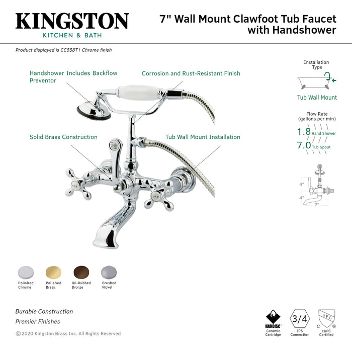 Kingston Heirloom CC557T5 - Vintage Three-Handle 2-Hole Tub Wall Mount Clawfoot Tub Faucet with Hand Shower, Oil Rubbed Bronze