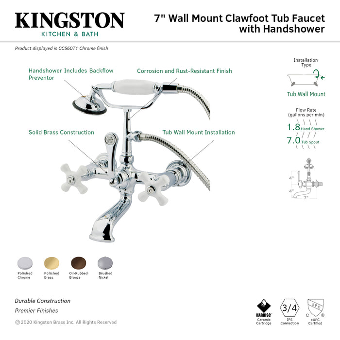 Kingston Heirloom CC559T2 - Vintage Three-Handle 2-Hole Tub Wall Mount Clawfoot Tub Faucet with Hand Shower, Polished Brass