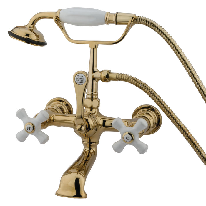 Kingston Heirloom CC559T2 - Vintage Three-Handle 2-Hole Tub Wall Mount Clawfoot Tub Faucet with Hand Shower, Polished Brass