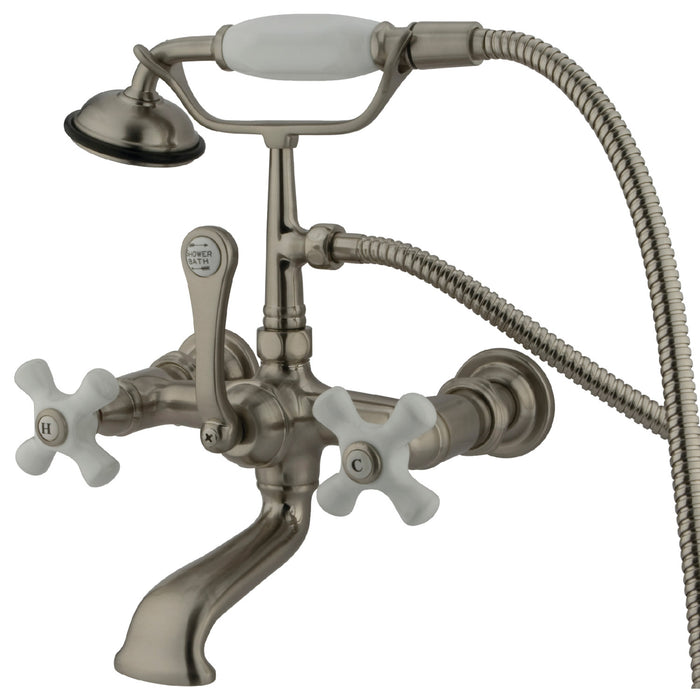 Kingston Heirloom CC559T8 - Vintage Three-Handle 2-Hole Tub Wall Mount Clawfoot Tub Faucet with Hand Shower, Brushed Nickel
