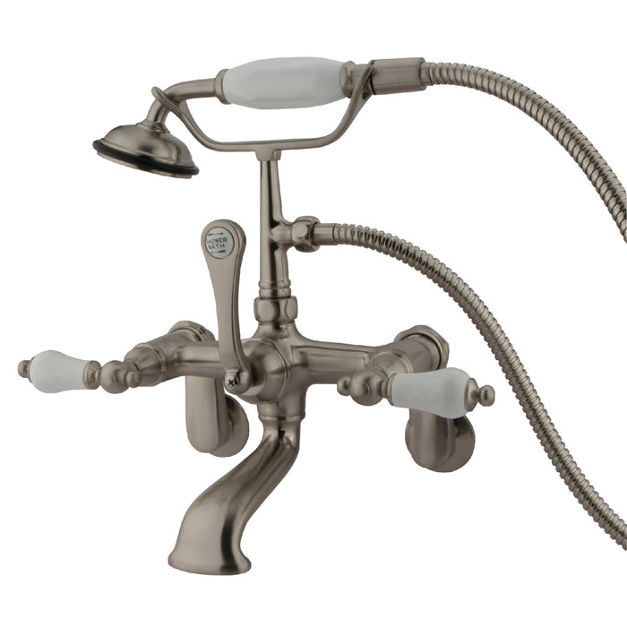 Kingston Heirloom CC55T8 - Vintage Three-Handle 2-Hole Tub Wall Mount Clawfoot Tub Faucet with Hand Shower, Brushed Nickel