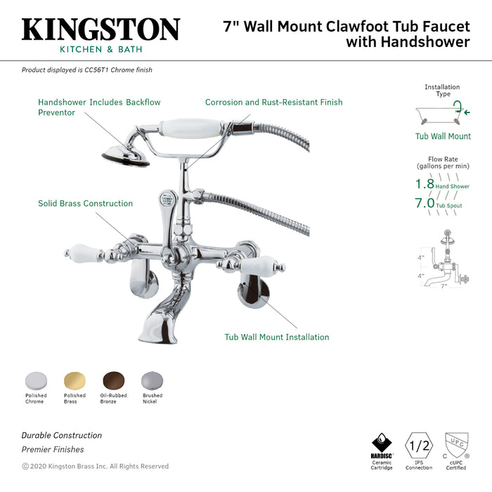 Kingston Heirloom CC56T1 - Vintage Three-Handle 2-Hole Tub Wall Mount Clawfoot Tub Faucet with Hand Shower, Polished Chrome