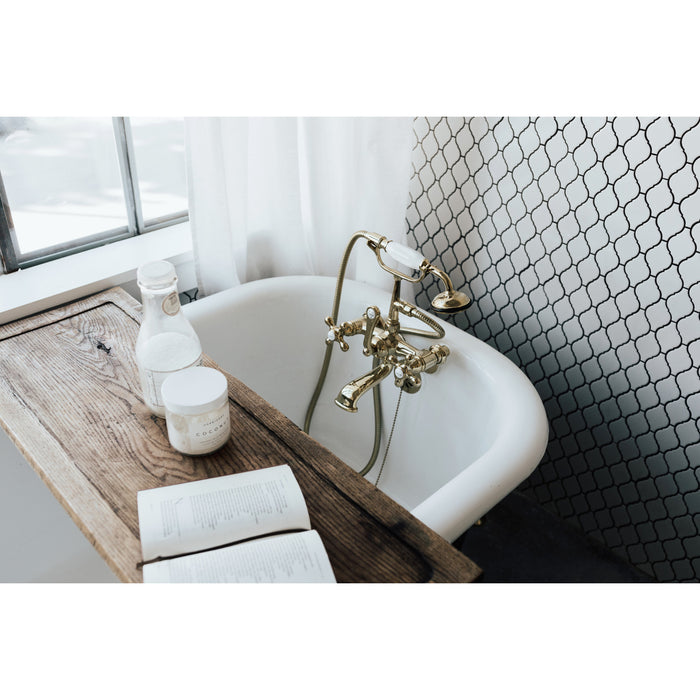 Kingston Heirloom CC57T2 - Vintage Three-Handle 2-Hole Tub Wall Mount Clawfoot Tub Faucet with Hand Shower, Polished Brass
