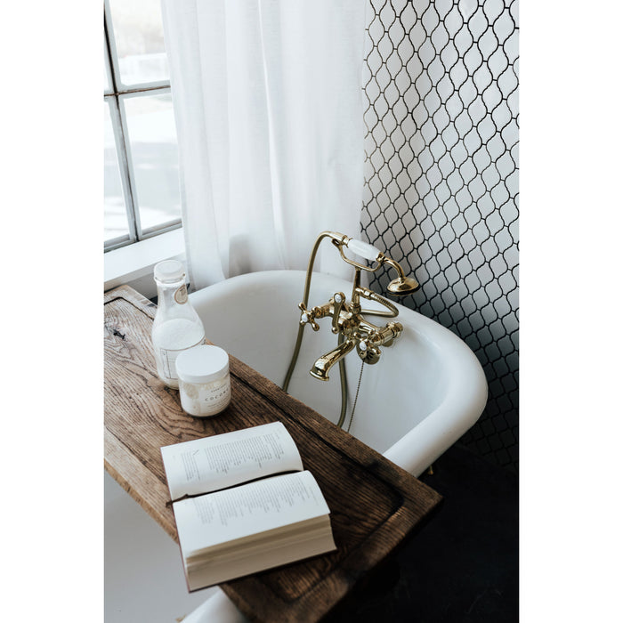 Kingston Heirloom CC57T2 - Vintage Three-Handle 2-Hole Tub Wall Mount Clawfoot Tub Faucet with Hand Shower, Polished Brass