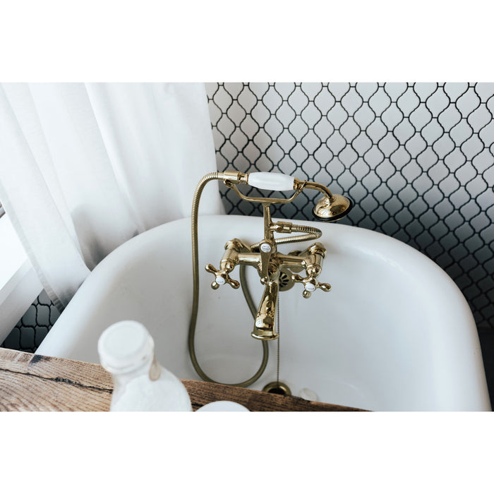 Kingston Heirloom CC57T2 - Vintage Three-Handle 2-Hole Tub Wall Mount Clawfoot Tub Faucet with Hand Shower, Polished Brass