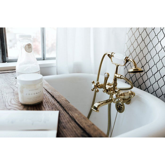 Kingston Heirloom CC57T2 - Vintage Three-Handle 2-Hole Tub Wall Mount Clawfoot Tub Faucet with Hand Shower, Polished Brass
