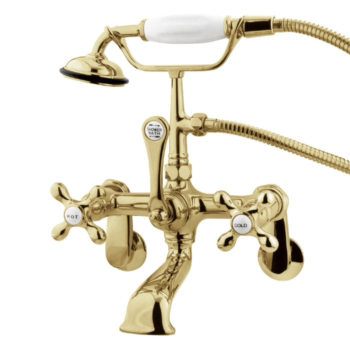 Kingston Heirloom CC57T2 - Vintage Three-Handle 2-Hole Tub Wall Mount Clawfoot Tub Faucet with Hand Shower, Polished Brass