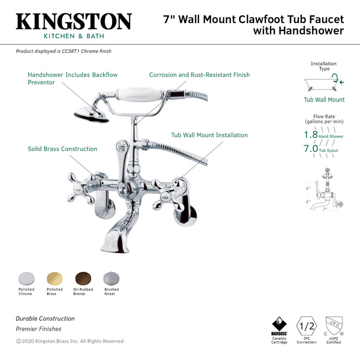 Kingston Heirloom CC58T1 - Vintage Three-Handle 2-Hole Tub Wall Mount Clawfoot Tub Faucet with Hand Shower, Polished Chrome