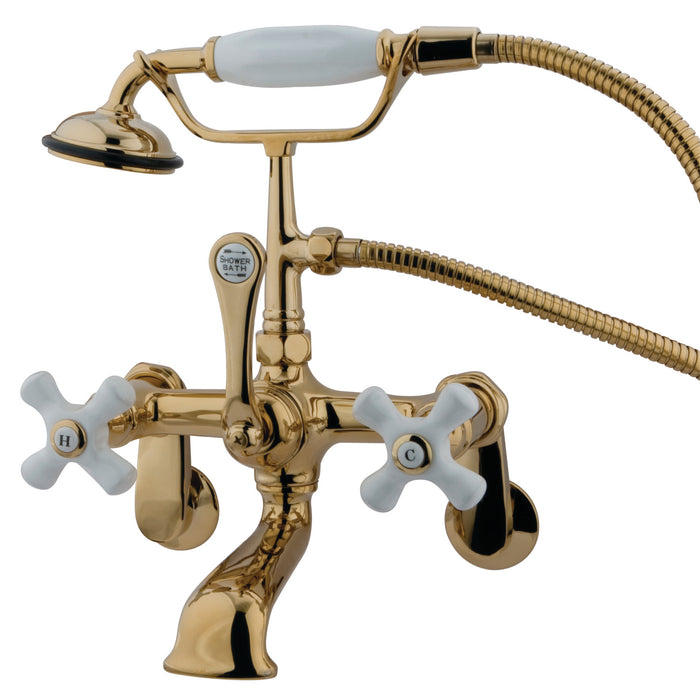 Kingston Heirloom CC59T2 - Vintage Three-Handle 2-Hole Tub Wall Mount Clawfoot Tub Faucet with Hand Shower, Polished Brass
