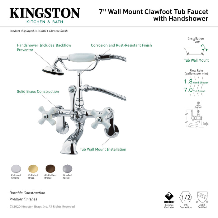 Kingston Heirloom CC59T5 - Vintage Three-Handle 2-Hole Tub Wall Mount Clawfoot Tub Faucet with Hand Shower, Oil Rubbed Bronze