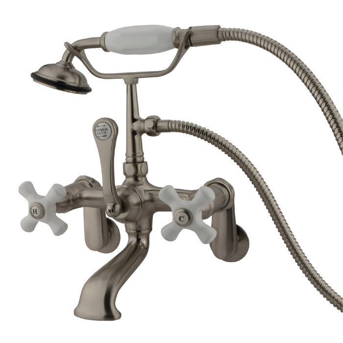 Kingston Heirloom CC59T8 - Vintage Three-Handle 2-Hole Tub Wall Mount Clawfoot Tub Faucet with Hand Shower, Brushed Nickel