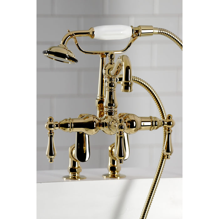 Kingston Heirloom CC6013T2 - Vintage Three-Handle 2-Hole Deck-Mount Clawfoot Tub Faucet with Hand Shower, Polished Brass