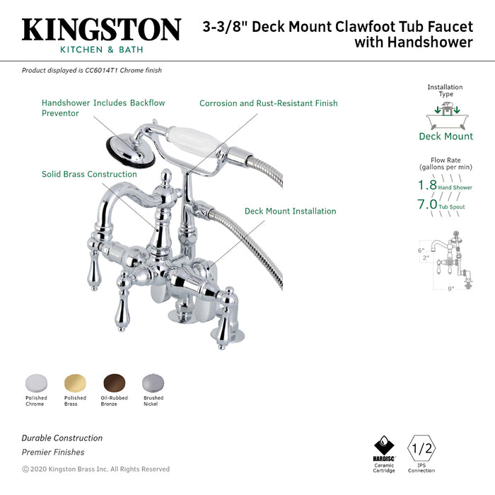 Kingston Heirloom CC6013T5 - Vintage Three-Handle 2-Hole Deck-Mount Clawfoot Tub Faucet with Hand Shower, Oil Rubbed Bronze