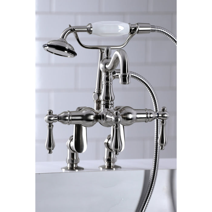 Kingston Heirloom CC6013T8 - Vintage Three-Handle 2-Hole Deck-Mount Clawfoot Tub Faucet with Hand Shower, Brushed Nickel