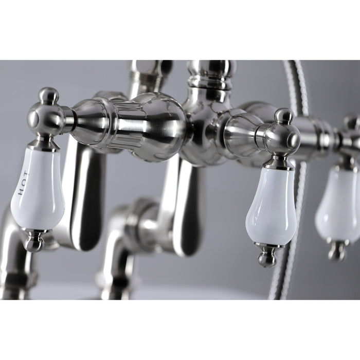 Kingston Heirloom CC6017T8 - Vintage Three-Handle 2-Hole Deck-Mount Clawfoot Tub Faucet with Hand Shower, Brushed Nickel