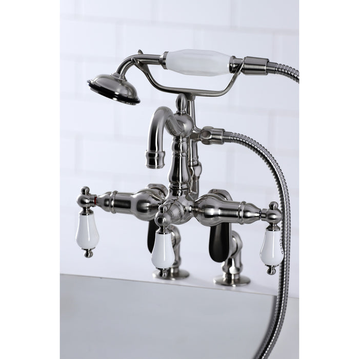 Kingston Heirloom CC6017T8 - Vintage Three-Handle 2-Hole Deck-Mount Clawfoot Tub Faucet with Hand Shower, Brushed Nickel