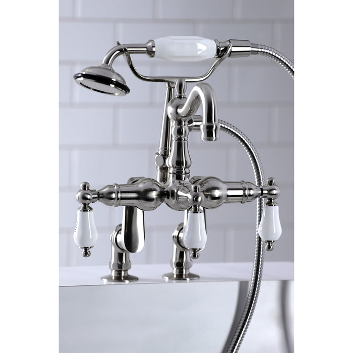 Kingston Heirloom CC6017T8 - Vintage Three-Handle 2-Hole Deck-Mount Clawfoot Tub Faucet with Hand Shower, Brushed Nickel