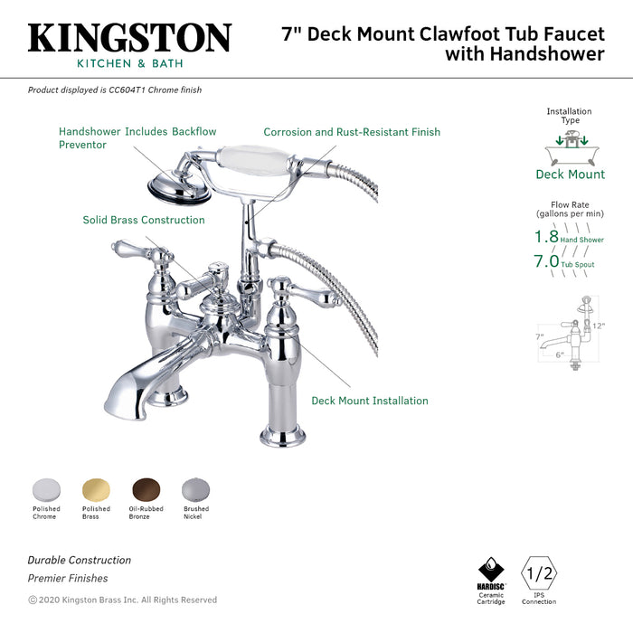 Kingston Vintage CC603T5 Three-Handle 2-Hole Deck-Mount Clawfoot Tub Faucet with Hand Shower, Oil Rubbed Bronze