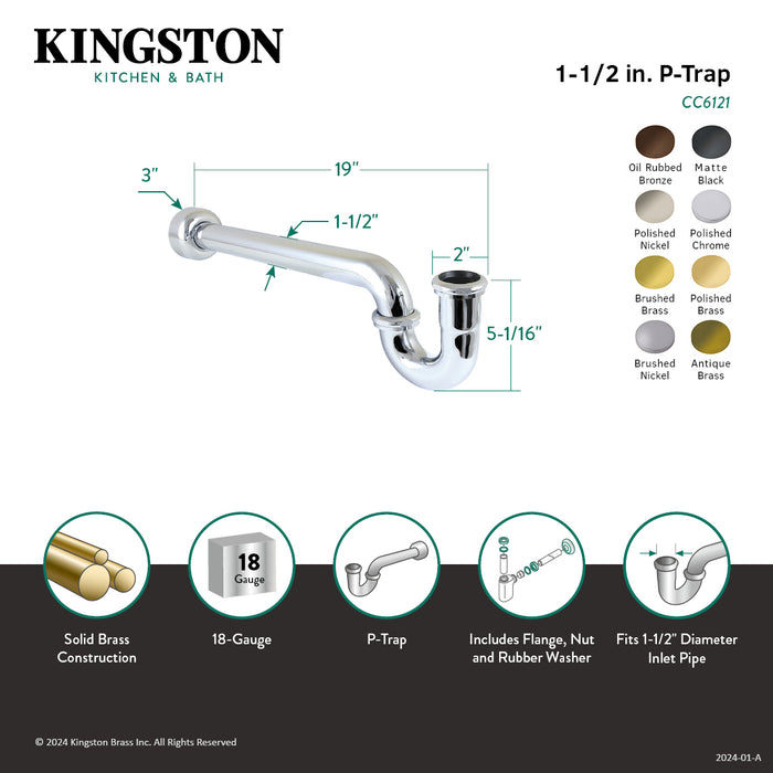 Kingston Trimscape CC6123 1-1/2 Inch Decor P-Trap with High Box Flange, 19 Inch Length, 18 Gauge, Antique Brass