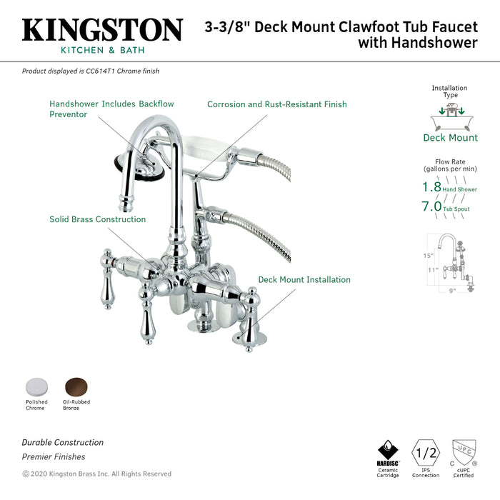 Kingston Heirloom CC614T1 - Vintage Three-Handle 2-Hole Deck-Mount Clawfoot Tub Faucet with Hand Shower, Polished Chrome