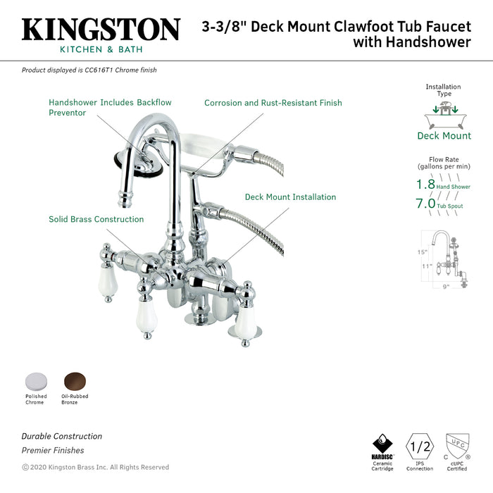 Kingston Heirloom CC616T1 - Vintage Three-Handle 2-Hole Deck-Mount Clawfoot Tub Faucet with Hand Shower, Polished Chrome