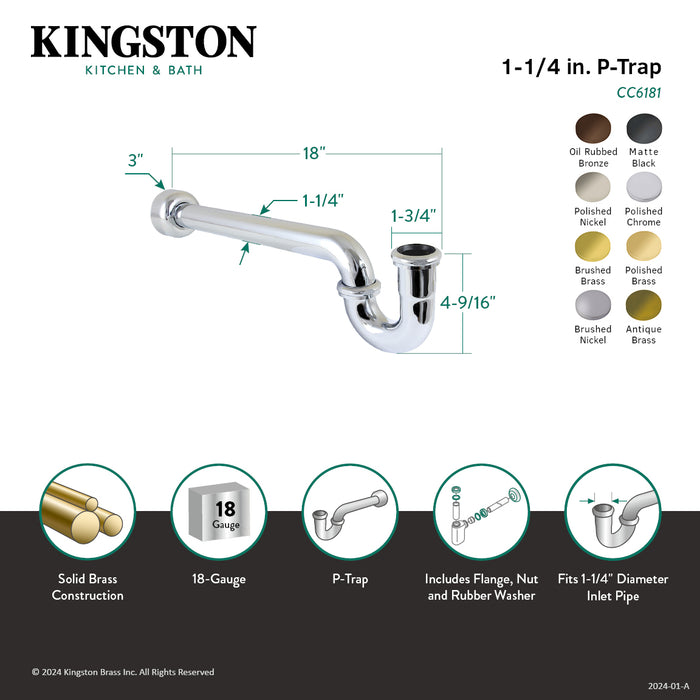 Kingston Trimscape CC6188 1-1/4 Inch Decor P-Trap with High Box Flange, 18 Inch Length, 18 Gauge, Brushed Nickel