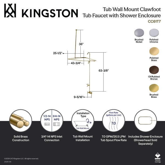 Kingston Heirloom CC61T2 - Vintage Four-Handle 2-Hole Tub Wall Mount Clawfoot Tub Faucet with Shower Enclosure, Polished Brass