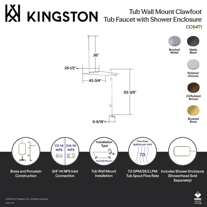 Kingston Heirloom CC63T7 - Vintage Three-Handle 2-Hole Tub Wall Mount Clawfoot Tub Faucet with Shower Enclosure, Brushed Brass