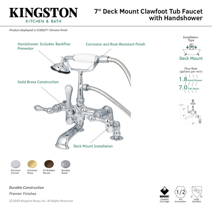 Kingston Heirloom CC651T2 - Vintage Three-Handle 2-Hole Deck-Mount Clawfoot Tub Faucet with Hand Shower, Polished Brass