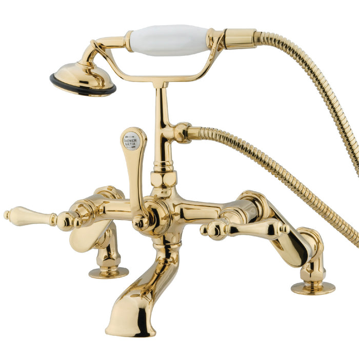 Kingston Heirloom CC651T2 - Vintage Three-Handle 2-Hole Deck-Mount Clawfoot Tub Faucet with Hand Shower, Polished Brass