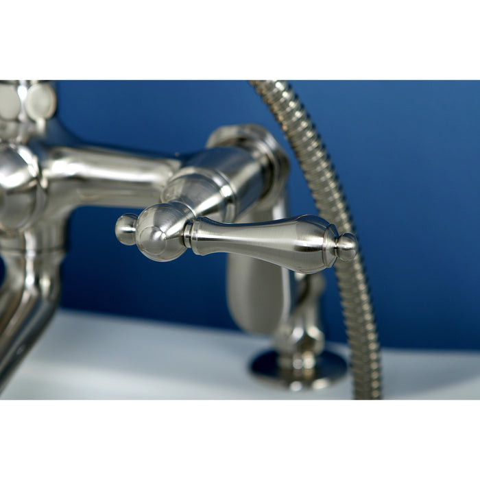 Kingston Heirloom CC651T8 - Vintage Three-Handle 2-Hole Deck-Mount Clawfoot Tub Faucet with Hand Shower, Brushed Nickel