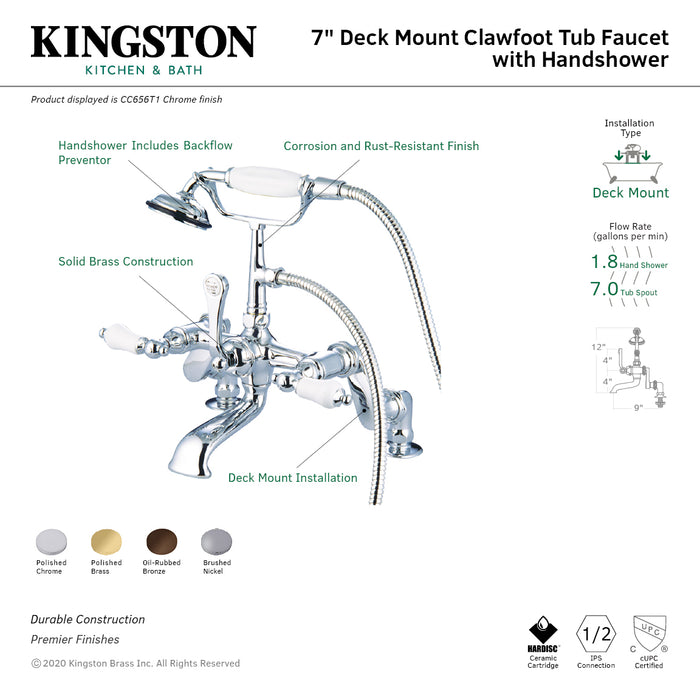 Kingston Heirloom CC656T1 - Vintage Three-Handle 2-Hole Deck-Mount Clawfoot Tub Faucet with Hand Shower, Polished Chrome