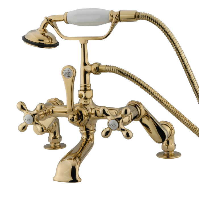 Kingston Heirloom CC657T2 - Vintage Three-Handle 2-Hole Deck-Mount Clawfoot Tub Faucet with Hand Shower, Polished Brass