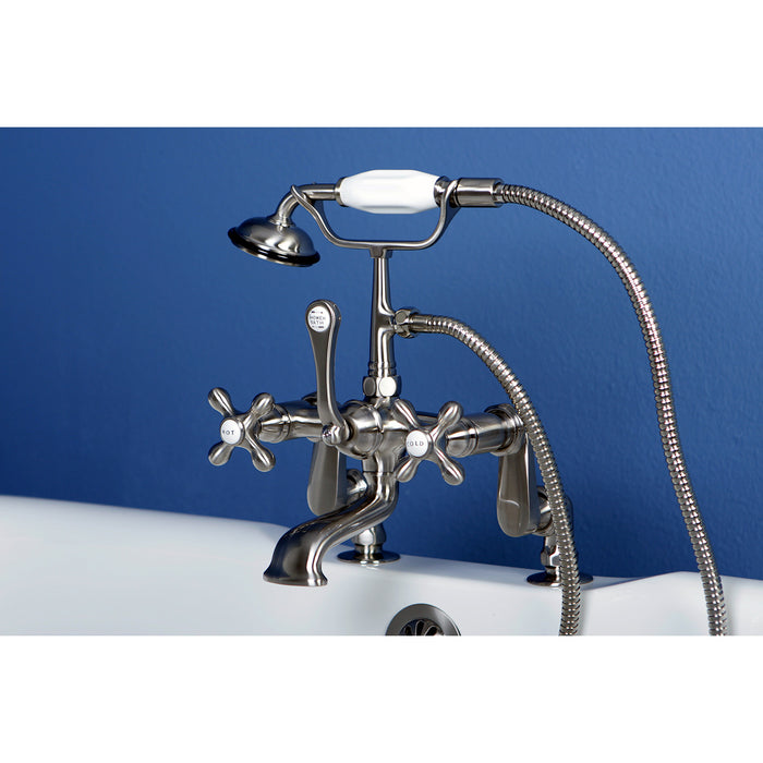 Kingston Heirloom CC657T8 - Vintage Three-Handle 2-Hole Deck-Mount Clawfoot Tub Faucet with Hand Shower, Brushed Nickel
