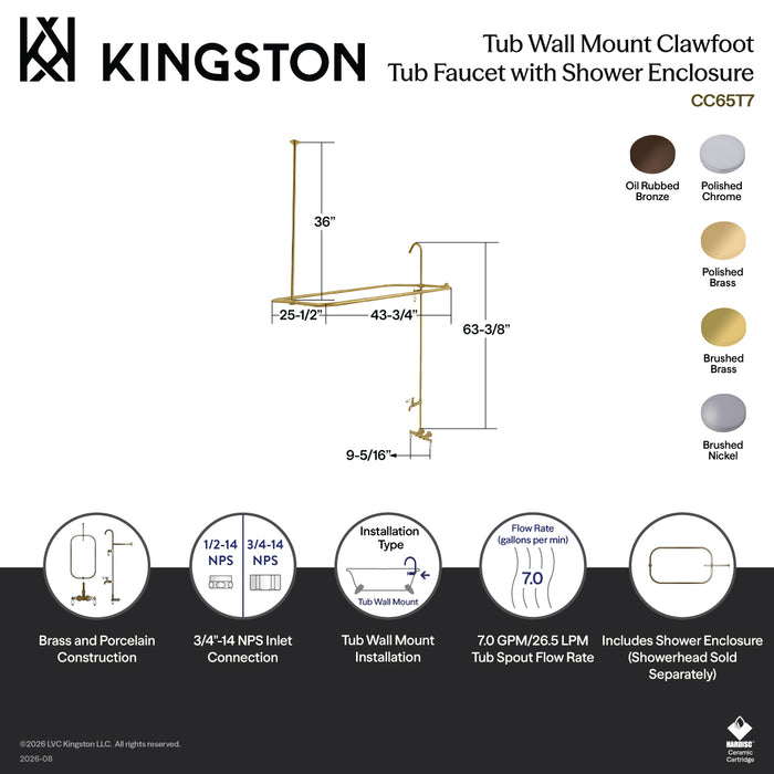 Kingston Heirloom CC65T8 - Vintage Three-Handle 2-Hole Tub Wall Mount Clawfoot Tub Faucet with Shower Enclosure, Brushed Nickel