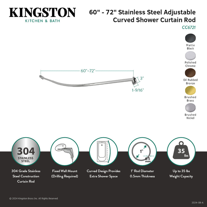 Kingston Edenscape CC6720 60-Inch-72-Inch Stainless Steel Adjustable Single Curved Shower Curtain Rod, Matte Black