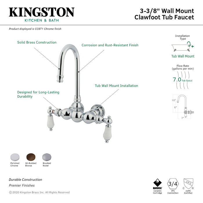 Kingston Heirloom CC6T1 - Vintage Two-Handle 2-Hole Tub Wall Mount Clawfoot Tub Faucet, Polished Chrome