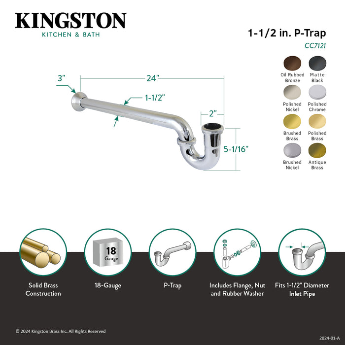 Kingston Vintage CC7121 1-1/2 Inch Decor P-Trap with Bell Flange, 24 Inch Length, 18 Gauge, Polished Chrome